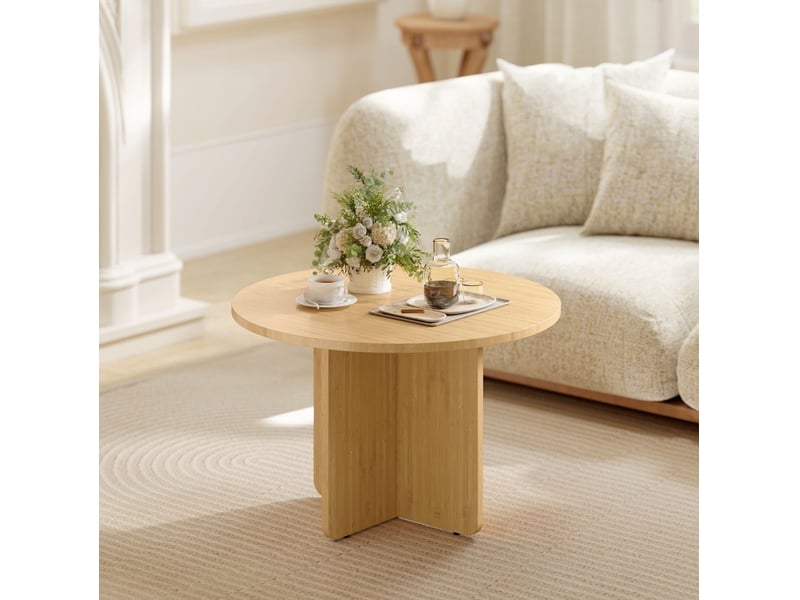 Table basse ronde en bambou avec piètement croisé réglable et plateau stable pour salon coloris naturel 66 × 66 × 45 cm - Conforama B