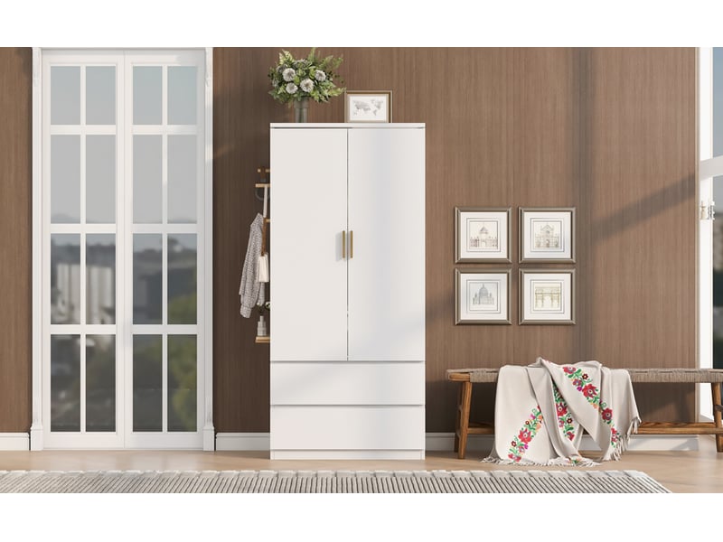 Armoire blanche multifonction avec panneau perforé latéral - 2 tiroirs - espaces de rangement cachés - penderie intégrée 70 x 50 x 170 cm - Conforama E