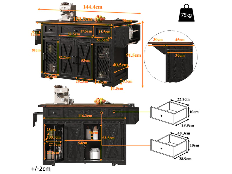 Îlot de cuisine mobile 120,2x45,3x91,5 cm, plateau extensible, prise électrique, desserte de cuisine, mdf, noir Seren Glow - Conforama C