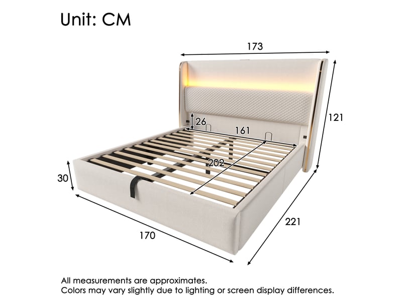 Lit coffre 160 × 200 cm 2 places avec led réglable, usb et type-c, matelas inclus, en tissu beige  - Conforama D