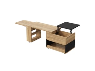 Table basse extensible 161,5x46x67 cm avec plateau relevable, élément pivotant à 360°, rangements cachés et niches ouvertes, effet bois et noir