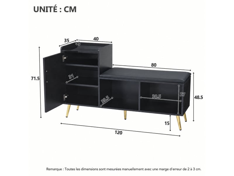  Meuble à chaussures avec banc rembourré, rangement 10 paires, porte et étagères réglables, noir brillant  - Conforama E