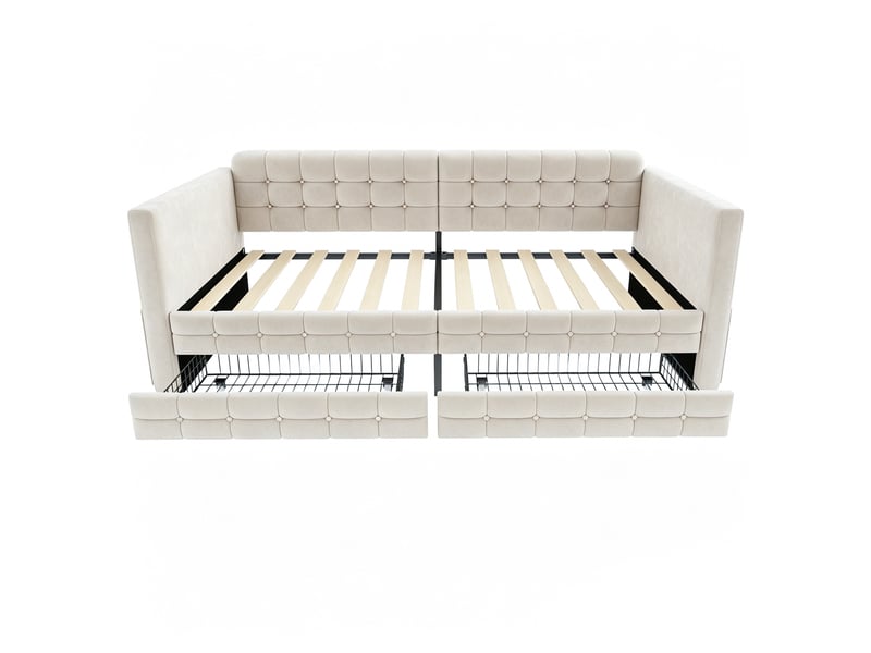 Lit banquette 90x190 cm - lit simple avec 2 tiroirs et rangements latéraux - tête de lit capitonnée - velours - beige - Conforama R