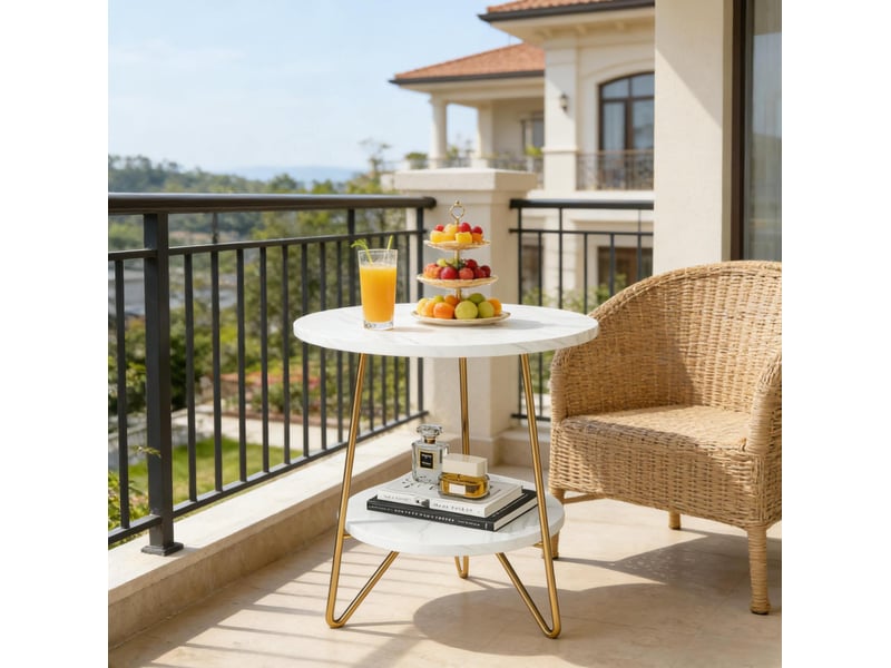  Table d'appoint ronde à 2 niveaux avec plateau effet marbre et structure en métal blanc et doré pour salon et chambre  - Conforama D