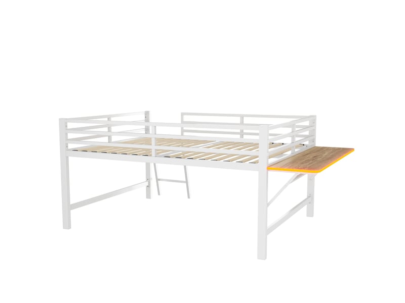  Lit mezzanine 2 places 140x200 cm en métal blanc, lit enfant adulte avec bureau pliant et led  - Conforama E