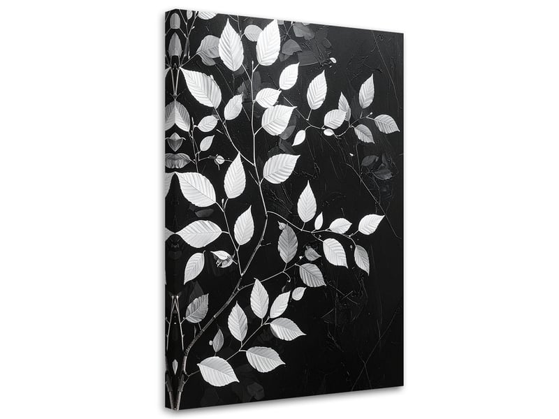 Tableau moderne, feuilles blanches sur fond noir 60x90 1334481097 - Conforama A