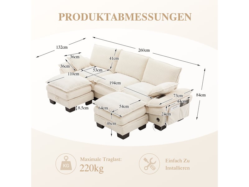 Canapé d'angle panoramique fixe 3 places tissu beige - Conforama C