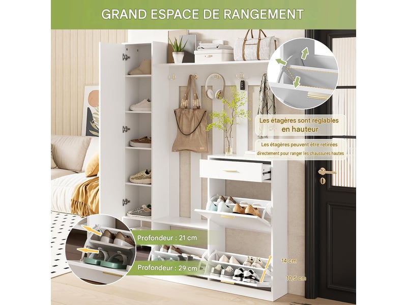  Vestiaire d'entrée avec miroir 3 meubles à chaussures 1 tiroir blanc 133x23.5x180 cm N657P41255253W - Conforama E