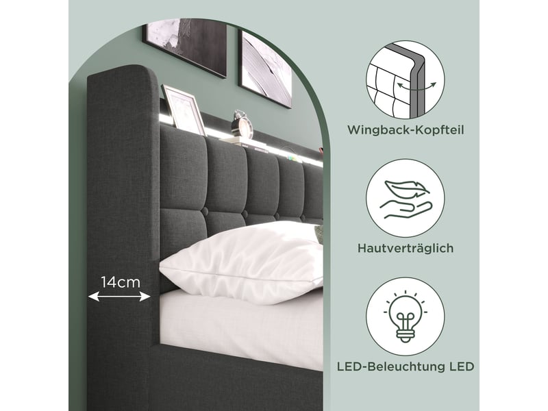 Lit coffre 90x200 cm rembourré, 2 tiroirs de rangement, led et usb intégrés, tête de lit avec étagère, gris - Conforama D