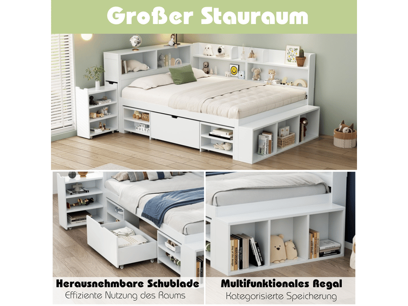  Lit enfant 90x200 cm avec tiroirs et bibliothèque intégrée - sommier inclus, blanc  - Conforama E