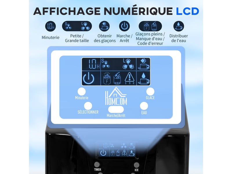  Machine à glaçons avec distributeur d'eau, ice maker, 12kg en 24h, 9 glaçons en 6-10 minutes, 25,2x38,9x36,3cm, noir  - Conforama R