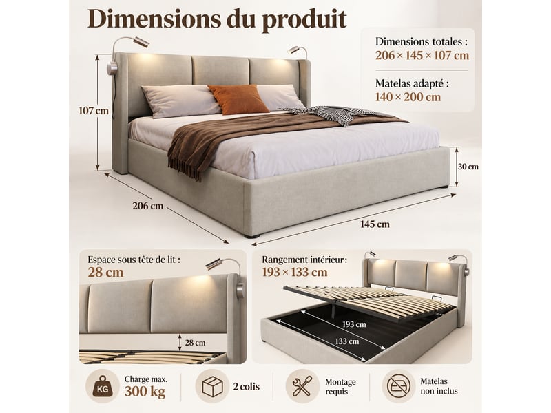  Lit double rembourré 140x200 cm avec coffre de rangement, tête de lit avec liseuse et usb, sommier à lattes, revêtement en lin, sans matelas IKSETERA TRADING LTD - Conforama C