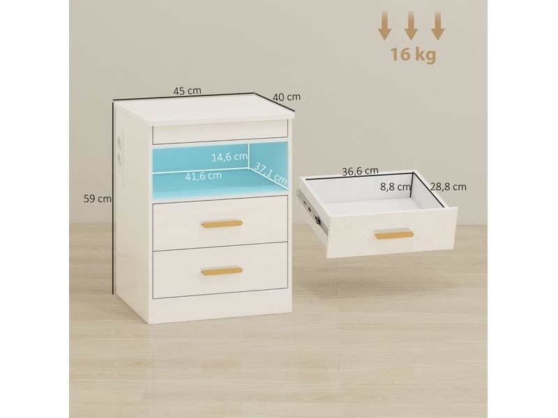  Table de chevet tcqpz 45 x 40 x 59 cm avec station de charge rgb led 2 tiroirs blanc brillant  - Conforama C