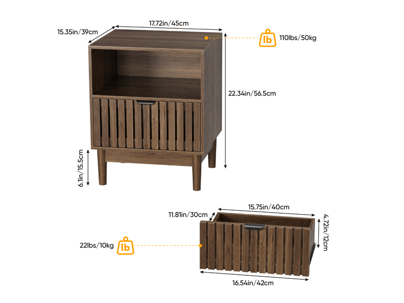  Table de chevet 45x39x56,5 cm avec tiroir en mdf noyer, design à lattes, meuble d’appoint pour chambre, salon  - Conforama C