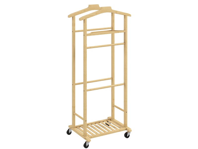  Portant à vêtements sur roulettes, porte-manteaux en bambou, 47 x 33,7 x 105,5 cm, double cintre intégré, bois naturel  - Conforama B