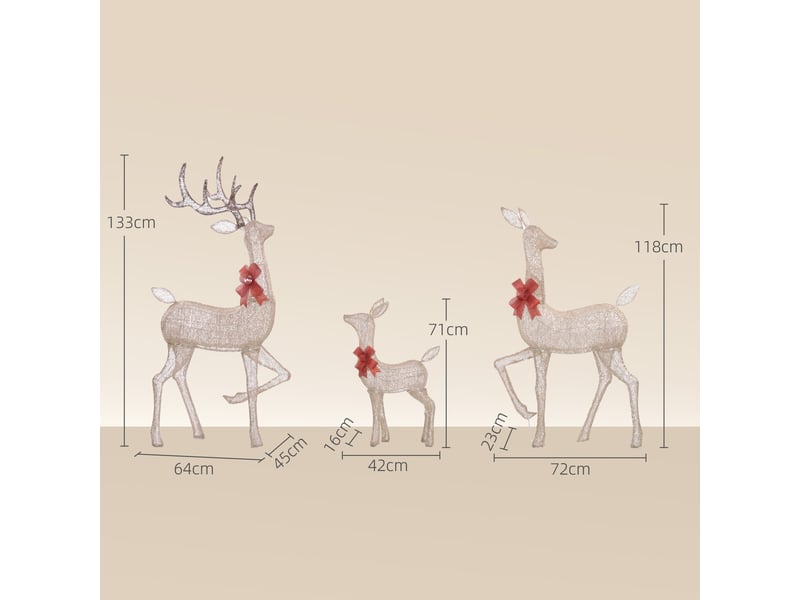  3 cerfs lumineux noël, en forme de famille de cerfs, rennes lumineux noël, en acier, 283 led blanc chaud, or  - Conforama C