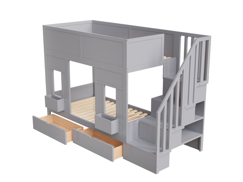  Lit mezzanine - lit enfant 90x200 cm avec escalier rangement et 2 tiroirs, bois gris, sans matelas  - Conforama R