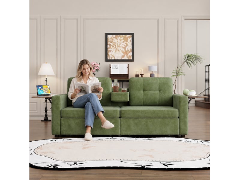  Canape droit 2 places 178x71x57,5 cm avec rangements et table réglable,  2 tiroirs, couleur vert, moderne  - Conforama B