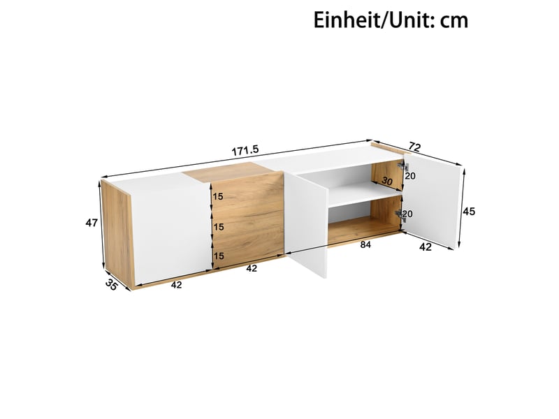 Meuble tv 3 portes, 3 tiroirs, étagères réglables, à poser ou mural, pour salon, blanc et bois, 171,5 × 35 × 47 cm  - Conforama E