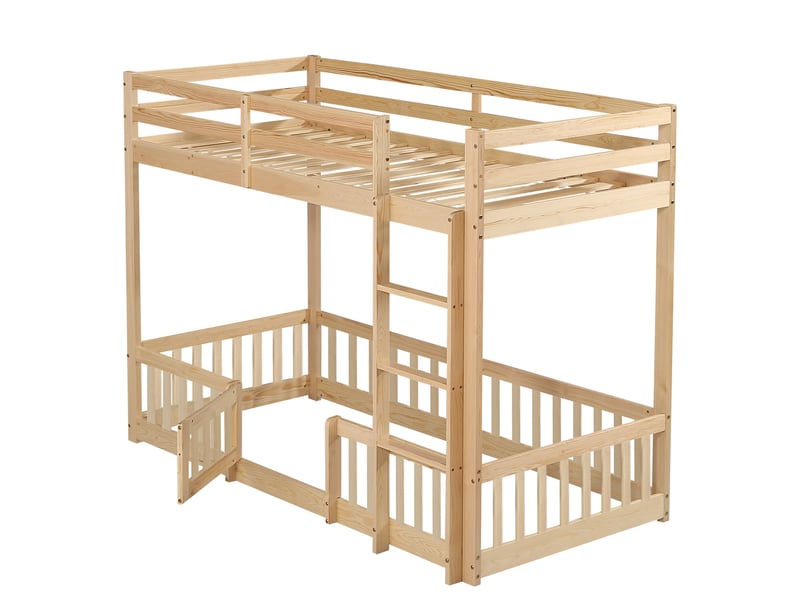  Lit superposé enfant en bois de pin naturel avec escalier droit, porte et barrières de sécurité, espace libre sous le lit, 90x200 cm  - Conforama D