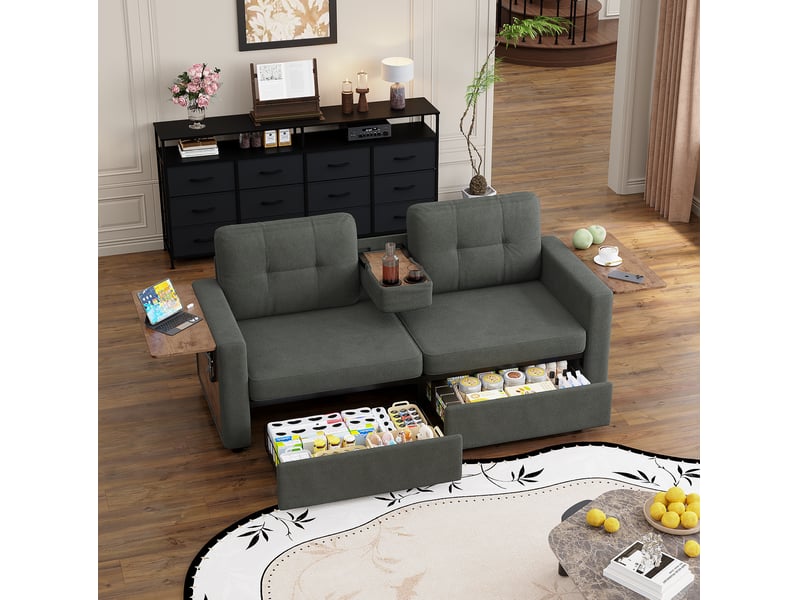  Canapé 2 places modenvie avec rangement, tablettes réglables et porte-gobelets en chenille gris foncé  - Conforama B