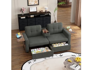 Canapé droit fixe MODENVIE 2 places Tissu gris avec coffre de rangement
