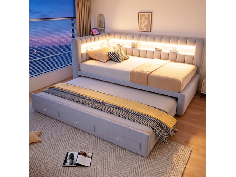  Lit banquette tcqpz 90 x 190 cm gigogne avec tiroirs led usb-c velours gris clair  - Conforama E