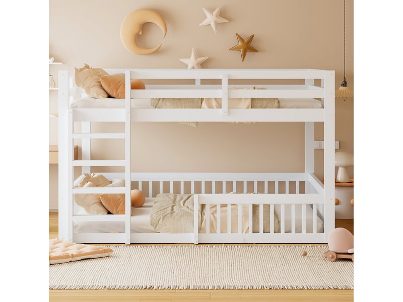  Lit superposé 160 x 200 cm avec barrières de sécurité, pin et mdf, blanc  - Conforama D