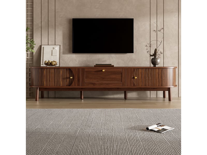  Meuble tv 170x39,5x38 cm, 1 tiroir, portes coulissantes, pieds bois, grand rangement, lowboard moderne pour salon - noyer  - Conforama D
