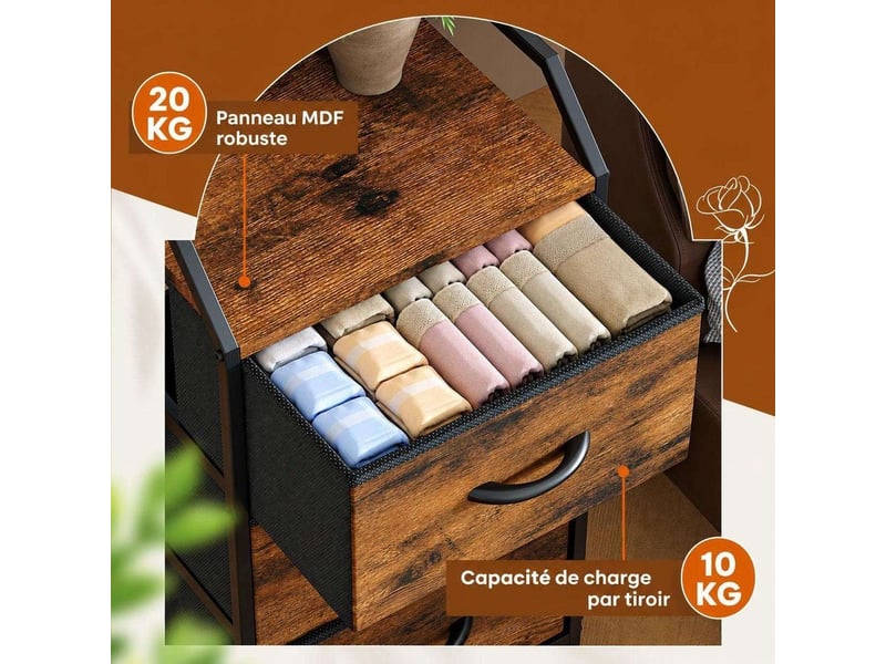  Table de chevet 40x30x78 cm trois tiroirs tissu marron rustique et metal noir  - Conforama E
