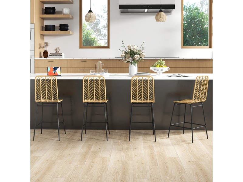 Lot de 4 tabourets de bar avec dossier en cannage et repose-pieds cadre en acier 42,5x52x102cm jaune - Conforama B