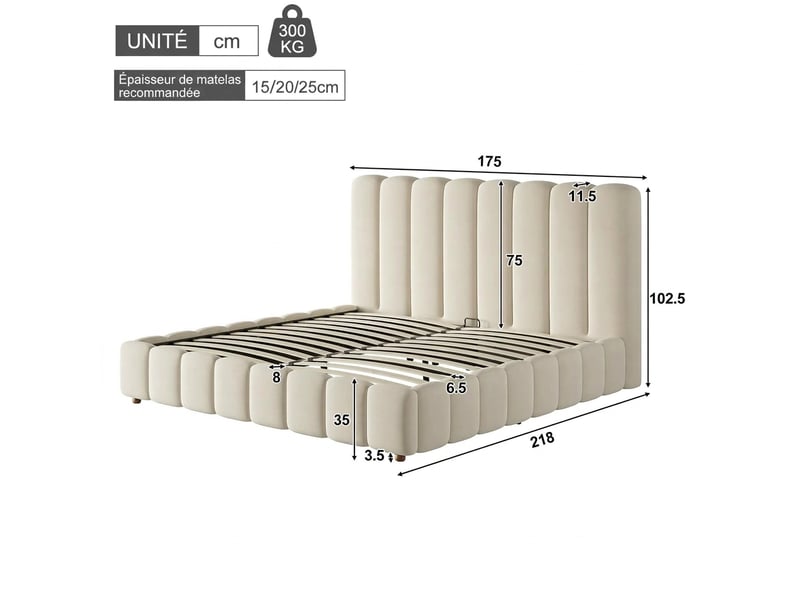  Lit coffre 160x200 lit double en velours beige avec sommier à lattes  - Conforama C