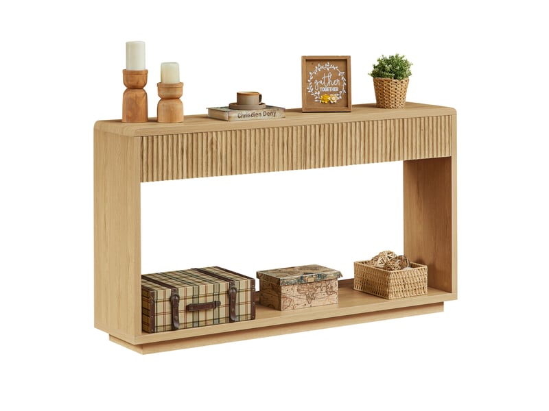 Console avec 2 tiroirs et niche ouverte, façades rainurées, pour entrée et salon, en panneaux, naturel, 150 × 35 × 85 cm  - Conforama A