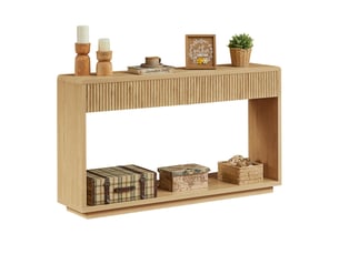 Console avec 2 tiroirs et niche ouverte, façades rainurées, pour entrée et salon, en panneaux, naturel, 150 × 35 × 85 cm