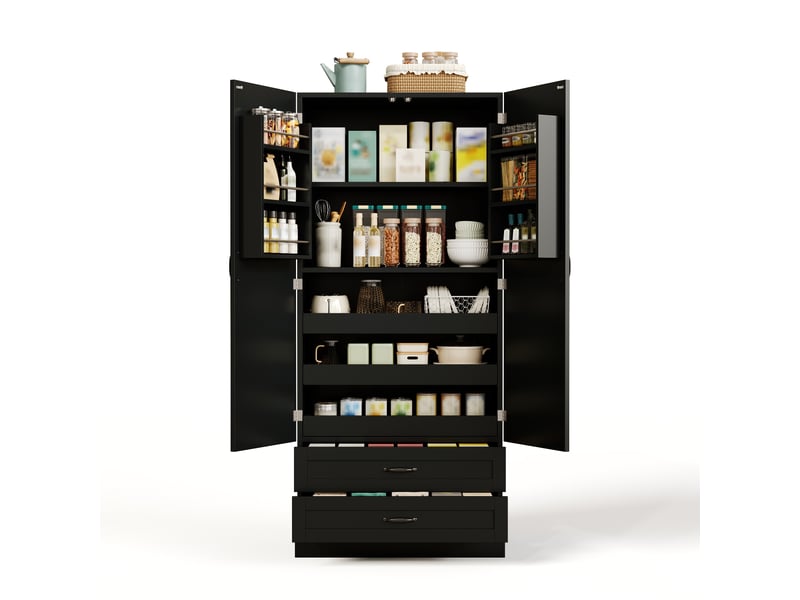  Armoire de cuisine en mdf 80x37,5x180 cm, 3 plateaux coulissants, 2 tiroirs et balconnets de porte pour salle à manger  - Conforama C