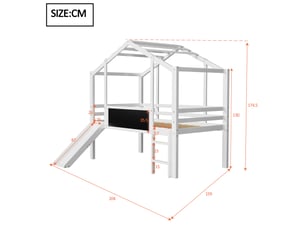 Lit enfant 90 x 200 cm design cabane avec toboggan, échelle et tableau noir, bois massif, coloris blanc pour chambre