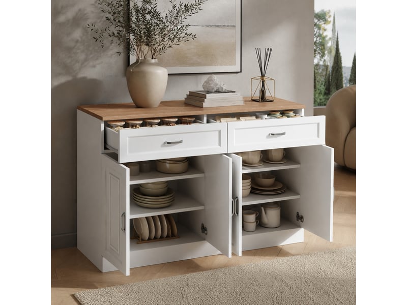  Buffet 4 portes et 2 tiroirs avec étagères réglables pour salle à manger 120×35×80,5 cm blanc et bois  - Conforama B