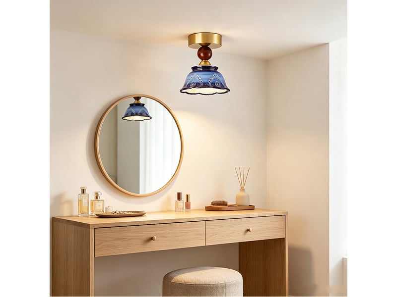  Plafonnier en céramique bleu indigo et vert, style bohème rétro, motif floral, lumière chaude  - Conforama B