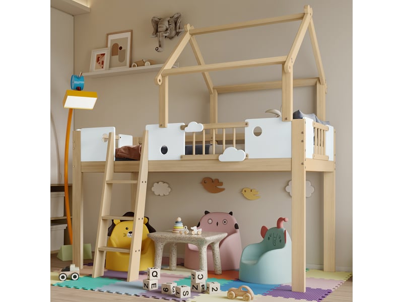  Lit mezzanine cabane 90 x 200 cm, structure cabane, échelle latérale, barrières latérales, pin, mdf et contreplaqué, blanc et bois naturel ABC - Conforama E