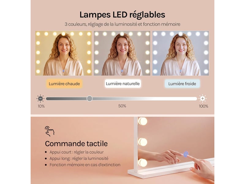  Miroir coiffeuse led, 15 ampoules led réglables,rectangulaire,58x48 cm, avec loupe grossissant 5x amovible, port usb type-c  - Conforama C