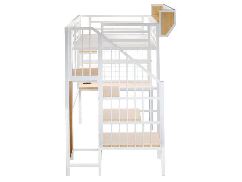 Lit mezzanine enfant 90x200 cm – blanc – bureau, étagères, led et prises intégrées – sans matelas  - Conforama E