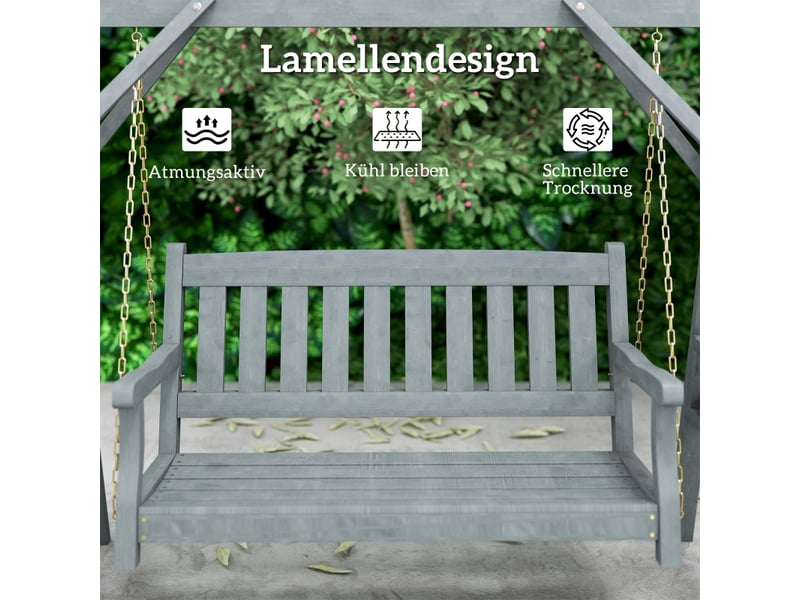 Balançoire de jardin 2 places, banc-balançoire en bois avec étagères, porte-gobelets et chaînes métalliques, grise - Conforama D