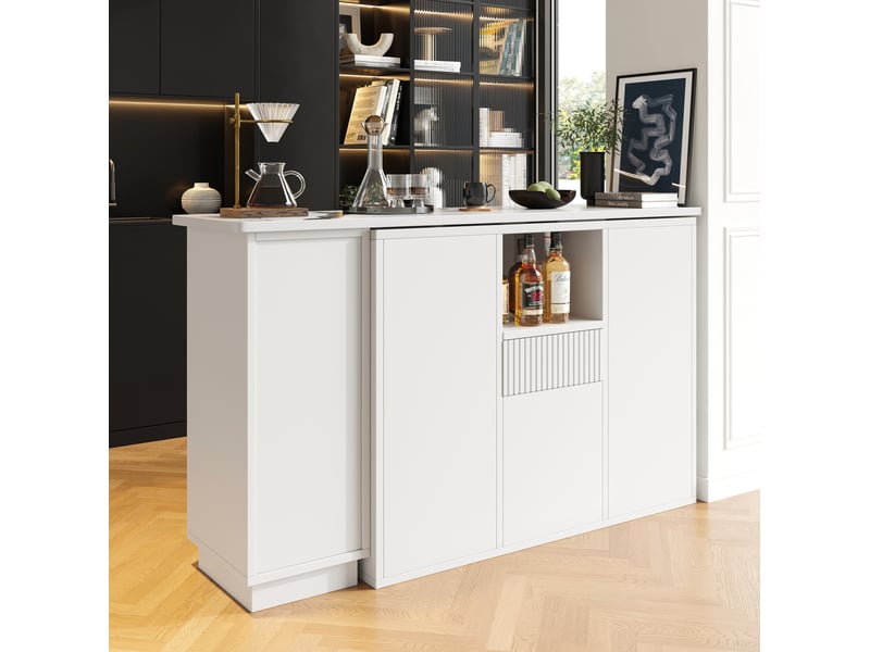 Îlot de cuisine rotatif 360° en mdf blanc avec rangement, 210 x 30 x 100,9 cm  - Conforama D