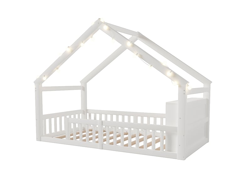  Lit 90x190 cm, lit enfant, avec sommier, forme de cottage, style épuré, structure en bois et mdf, blanc, sans matelas  - Conforama D