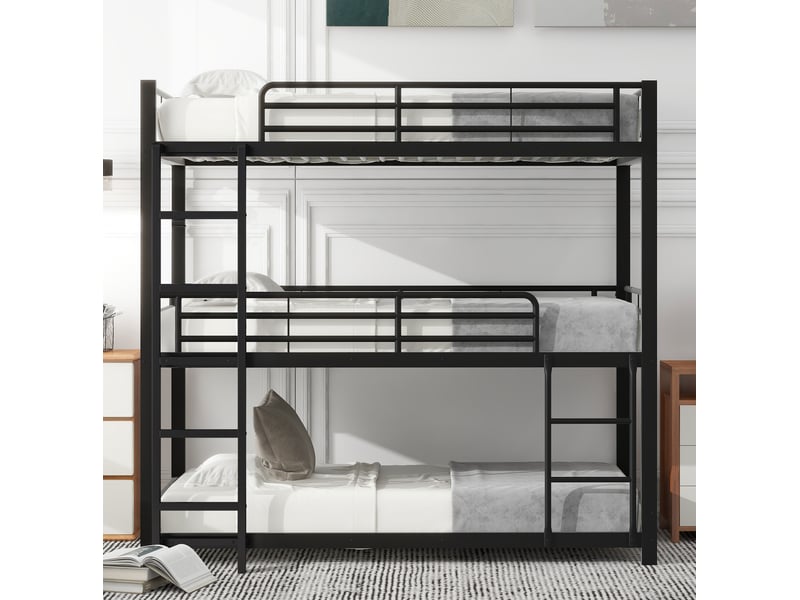 Modenvie lit superposé triple 90x200 cm - structure en métal, garde-corps, sans matelas - noir - Conforama E