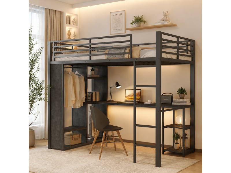  Lit mezzanine enfant 90x200 cm, bureau intégré, led, usb et usb-c, 3 étagères, dressing ouvert, métal noir Radiant Stride - Conforama B