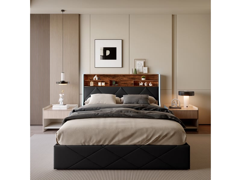  Lit double 160x200 cm - lit coffre 160x200 cm - lit adulte - tête de lit stockage led et usb - sans matelas - noir  - Conforama C