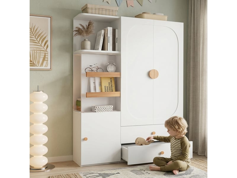 Armoire dressing 125x50x180 cm avec penderie à tringle, 2 tiroirs, étagères ouvertes et rangements fermés, mdf blanc et détails effet bois naturel - Conforama C