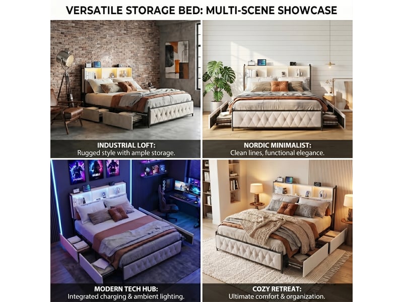 Dreammespace lit coffre rangement 160x200 cm - lit double avec 4 tiroirs & tête de lit étagère led prise usb, velours beige DreamMespace - Conforama C
