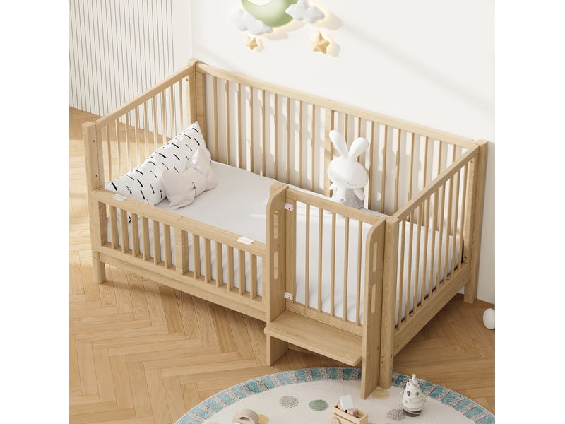  Lit enfant 140x70 cm, évolutif, avec porte sécurisée et marche intégrée, en bois, naturel  - Conforama B